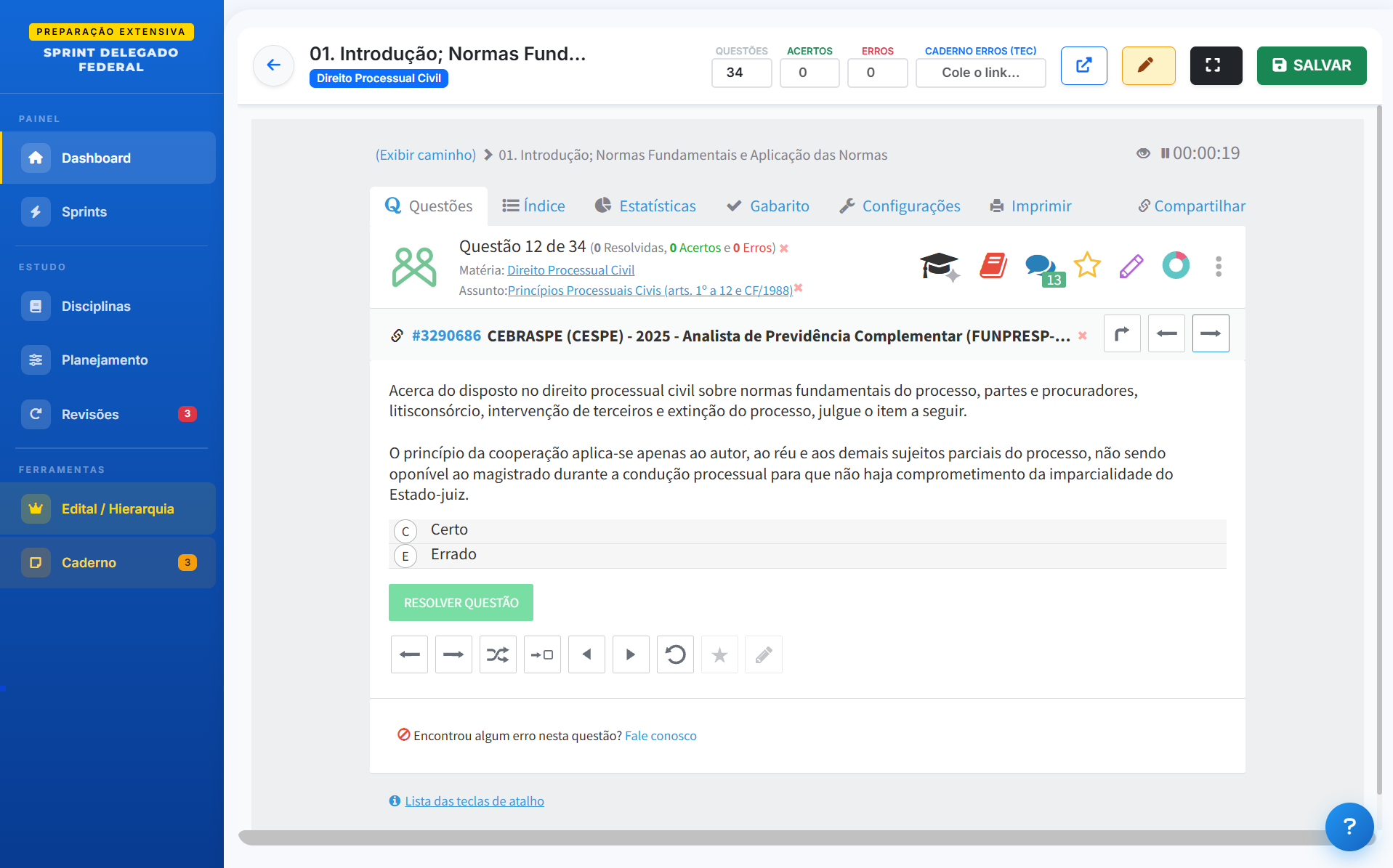 Resolução integrada de um caderno no Sprint